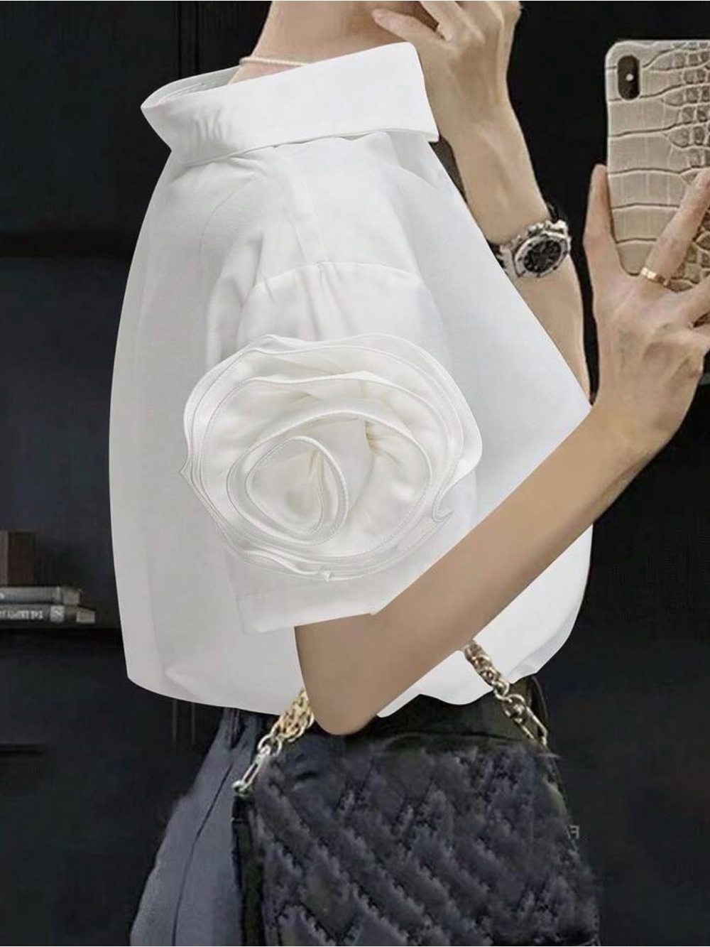 Fashionable White Short-Sleeve Blouse with 3D Rosette Detail